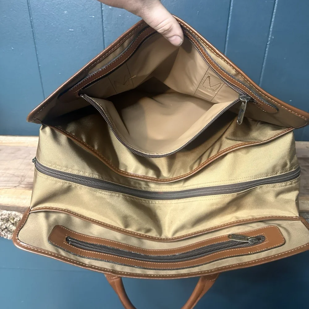 Lancel Paris Nylon Leather Briefcase Brown Tan Vintage Boston Bag/Weekend Bag